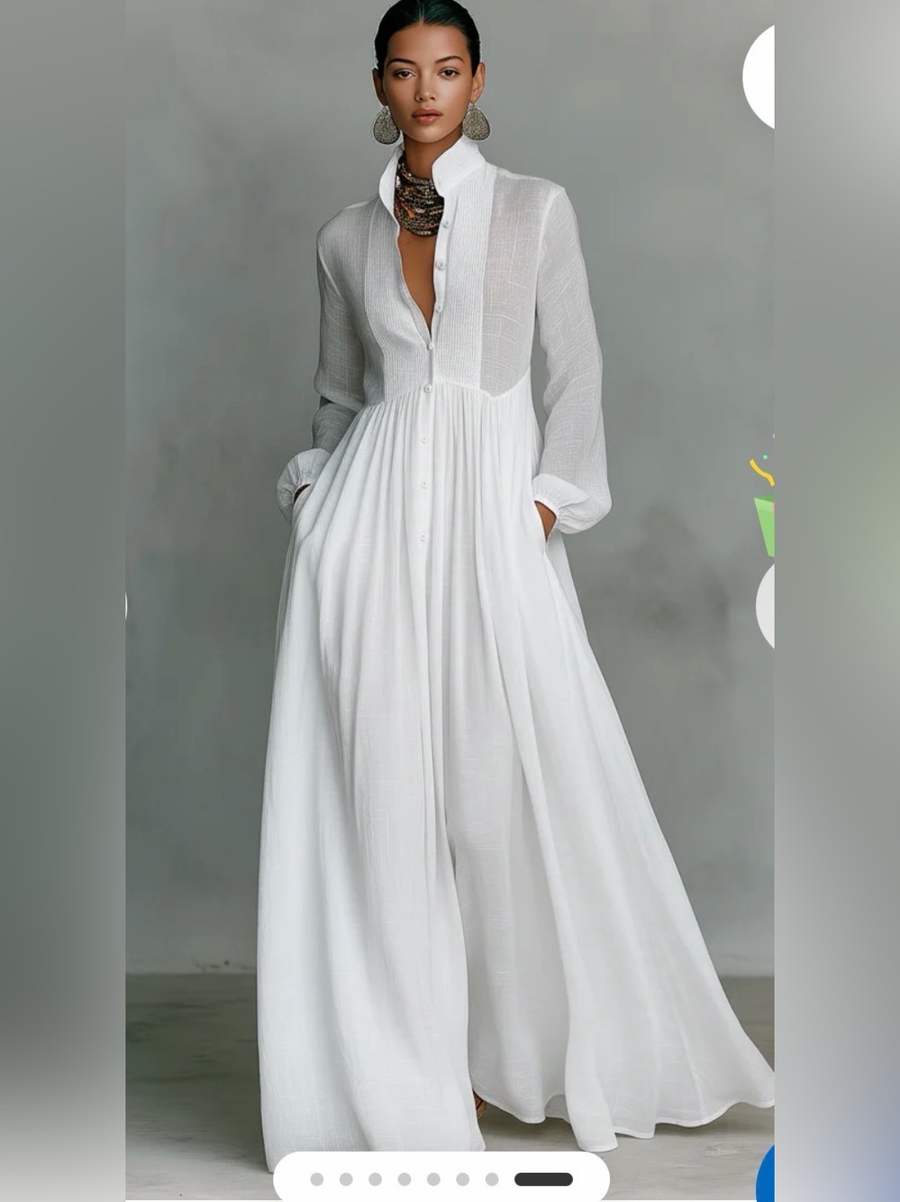 Modesees Flowing White Button-Front Maxi Dress with Stand Collar M